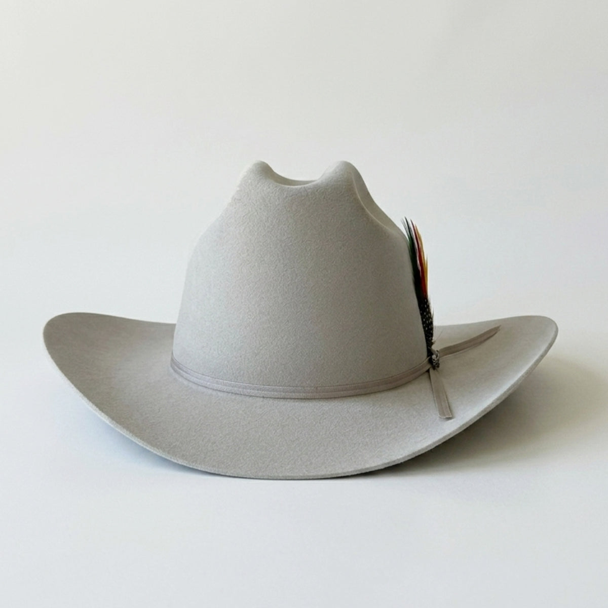 Stetson 6x Rancher beige tejana hat with a feather Sinaloa style on a white background.