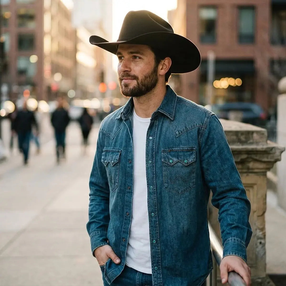 A man wearing a black cowboy hat and a blue denim button-up shirt over a white t-shirt, standing on a city sidewalk.