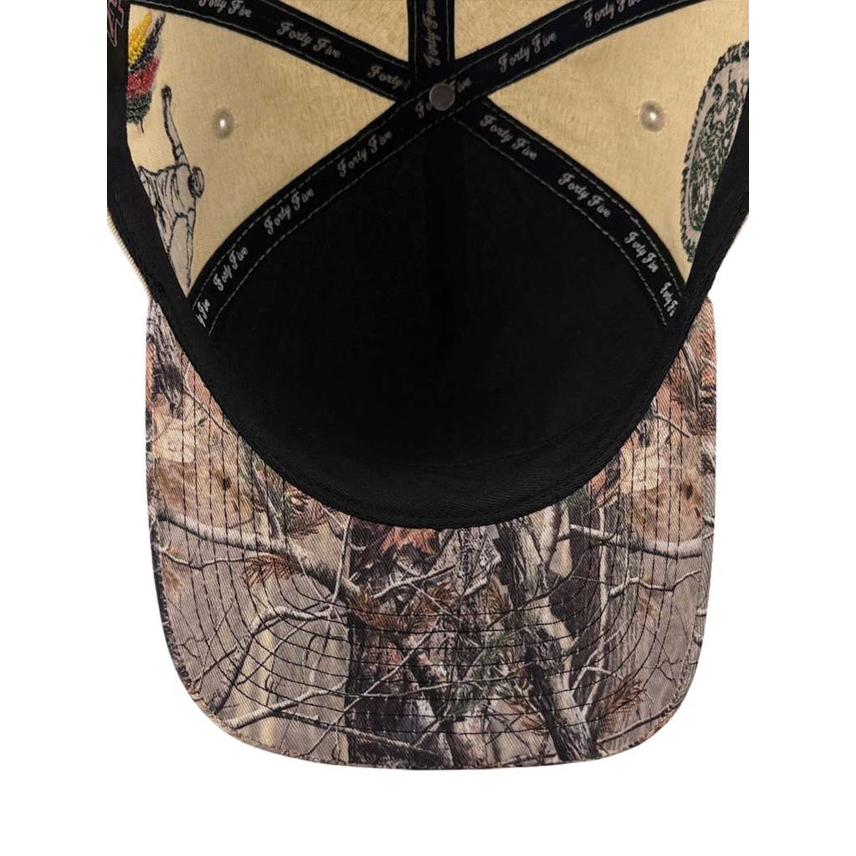 Camouflage baseball cap with a black brim on a white background.