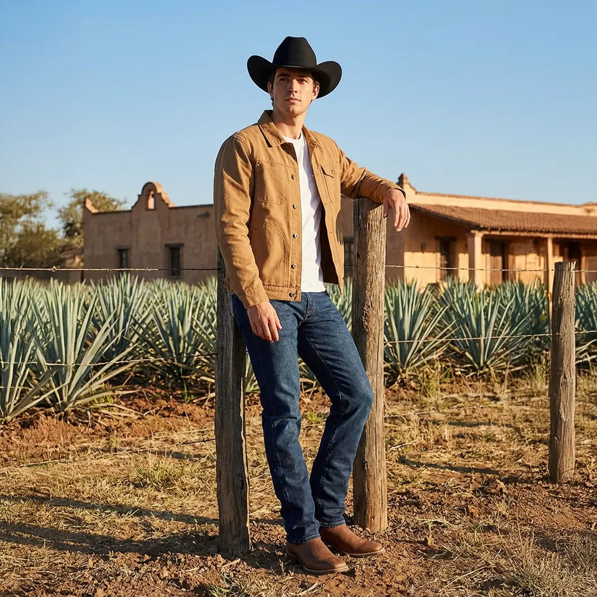 Man in cowboy hat and leather jacket standing next to a wooden post with agave plants and a building in the background.