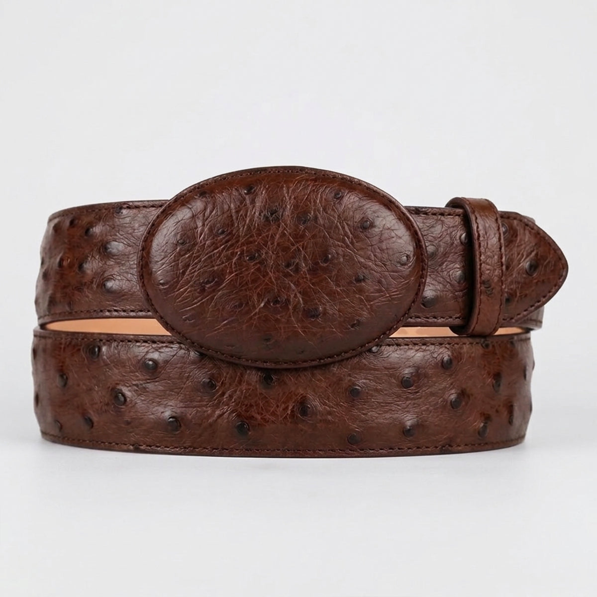 Los Altos Kango brown ostrich leather belt and a matching oval buckle.