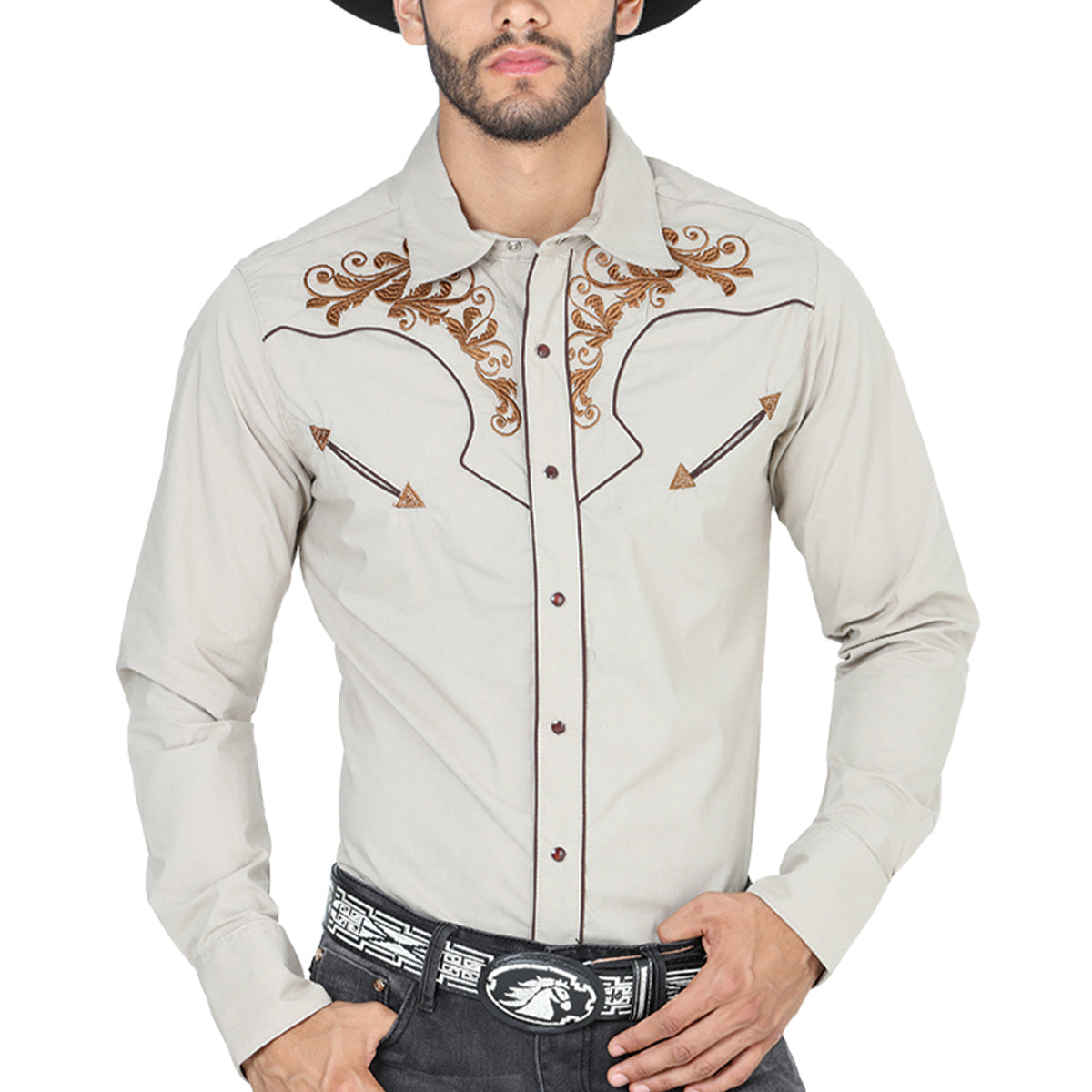 Embroidered Khaki Western Shirts 4XL / Khaki Embroidered Khaki Western Shirts 4XL / Khaki