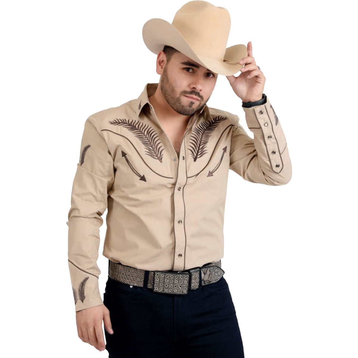 Khaki Western Shirts Feather Embroidered