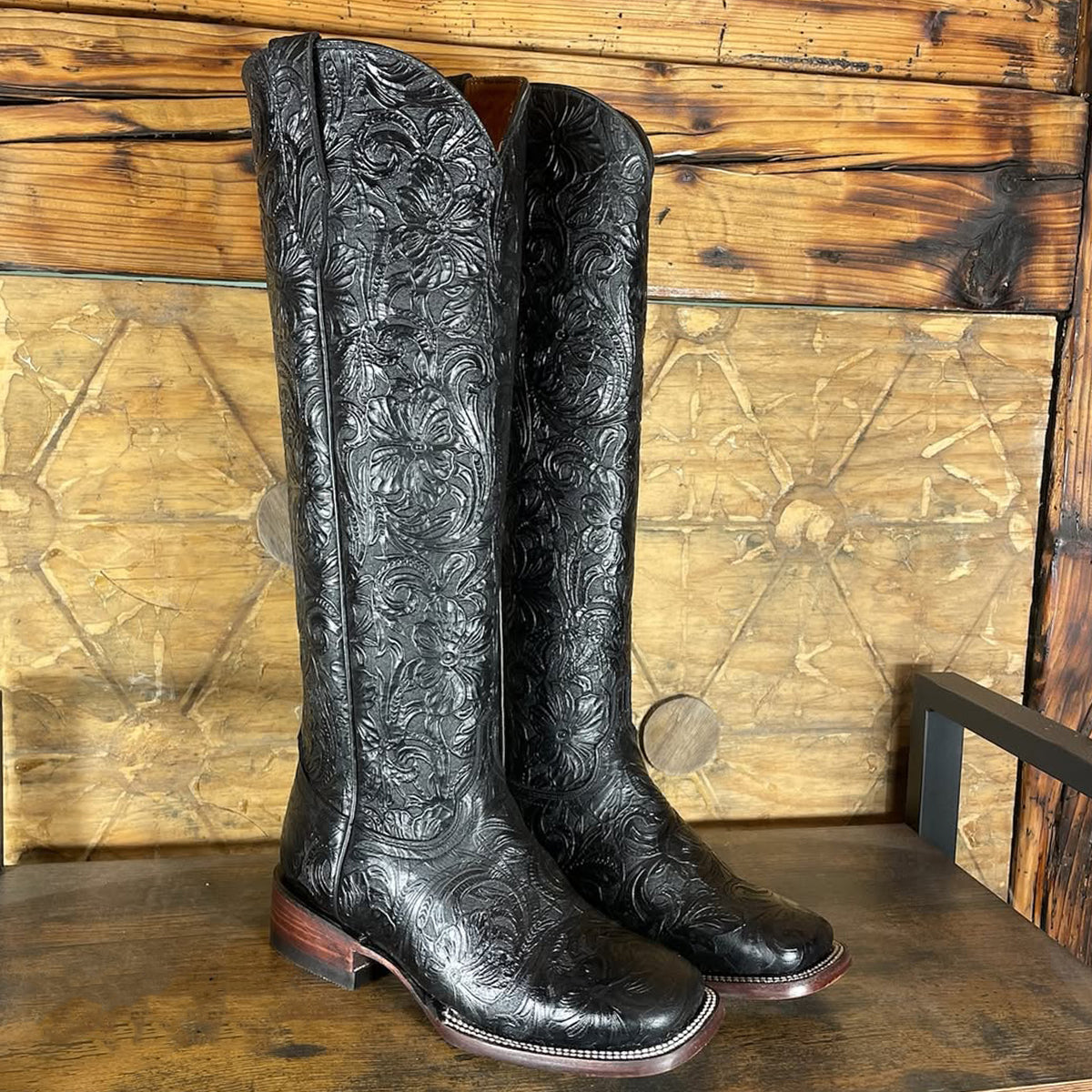 Women's Black Tall Tooled Square Toe Boots
