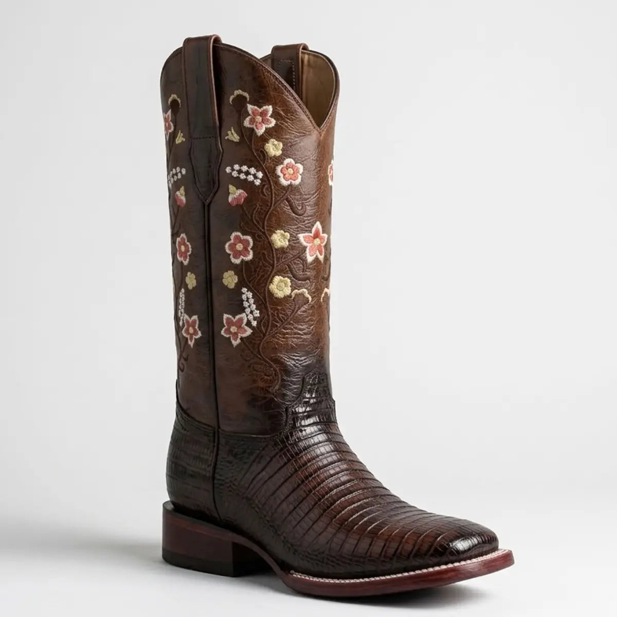 Single studio profile view of the Abolengo women's brown lizard print cowgirl boot displaying the 11-inch embroidered shaft, square toe, and block heel.
