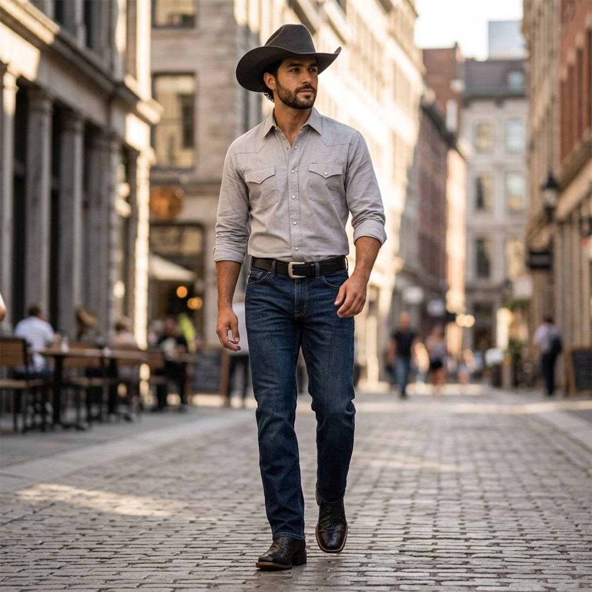 Man modeling classic black exotic leather cowboy boots paired with dark wash denim jeans and a grey western button-up shirt in an urban setting.