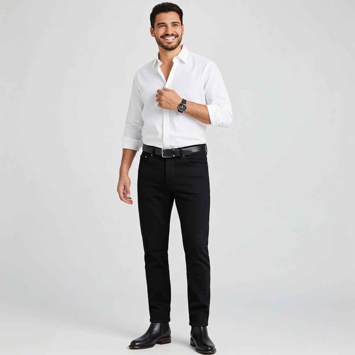 Man wearing black Chelsea boots