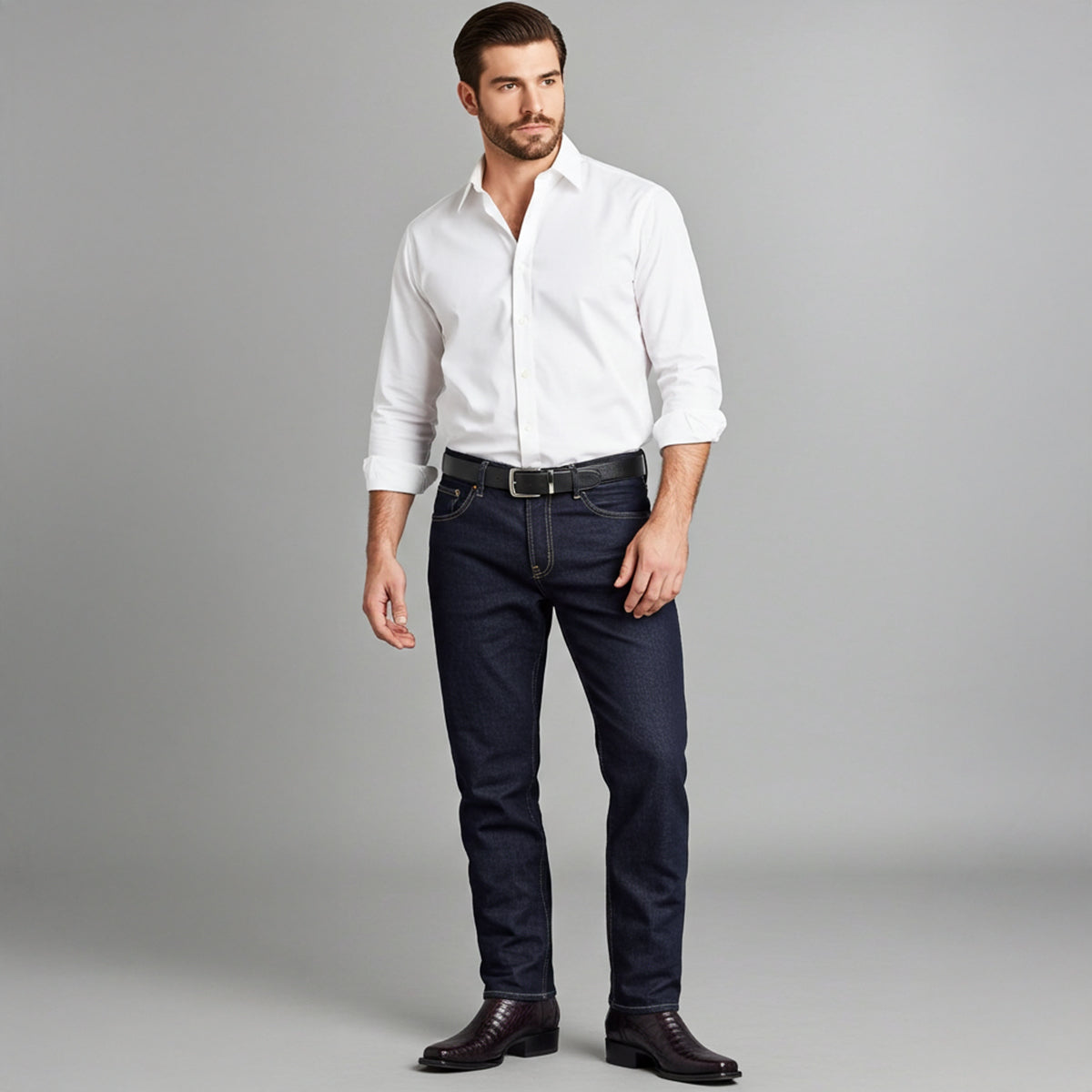 Man wearing black cherry caiman western boots