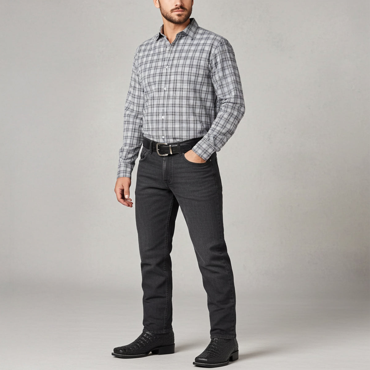 Man wearing Alligator print black square toe cowboy boots