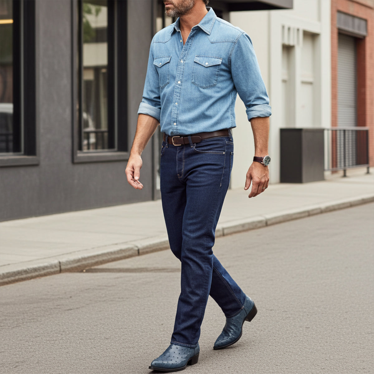 Man wearing blue ostrich cowboy boots