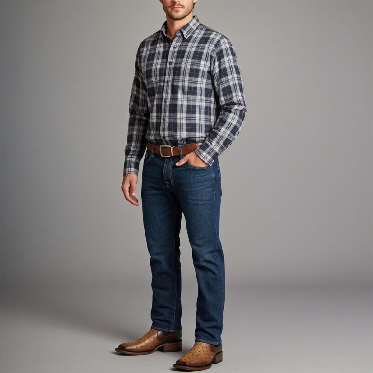 Man wearing Chelsea square toe cowboy boots and western outfit