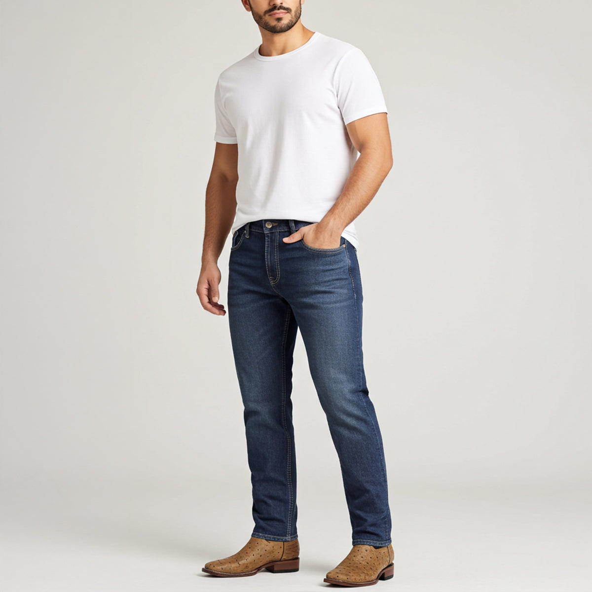 Man wearing brown ostrich print square toe boots