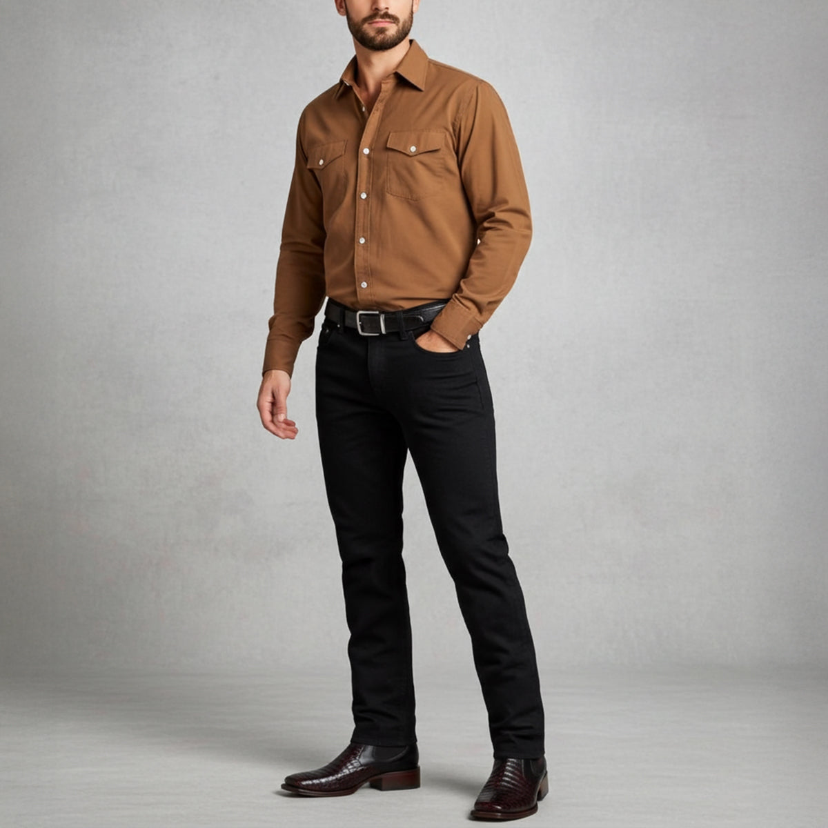 Man wearing black cherry caiman boots