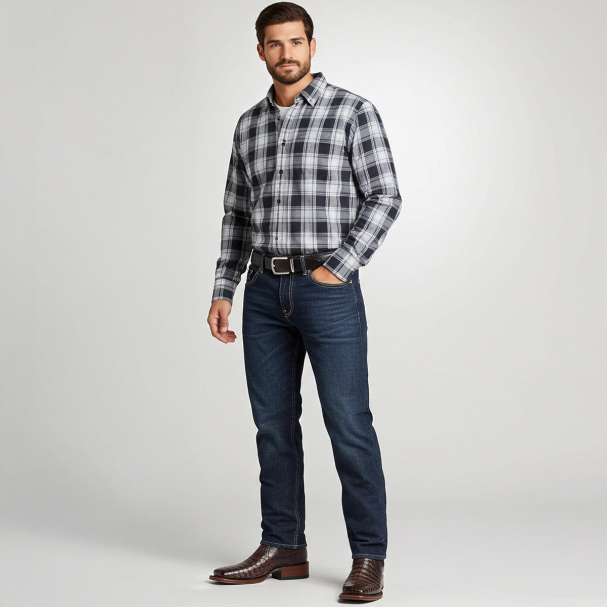 Man wearing Caiman print square toe cowboy boots