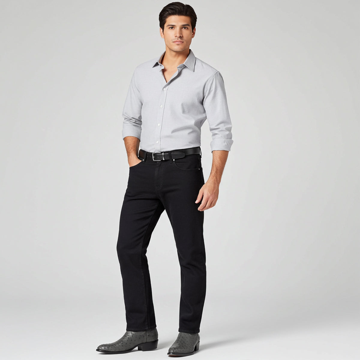 Man wearing grey ostrich cowboy boots