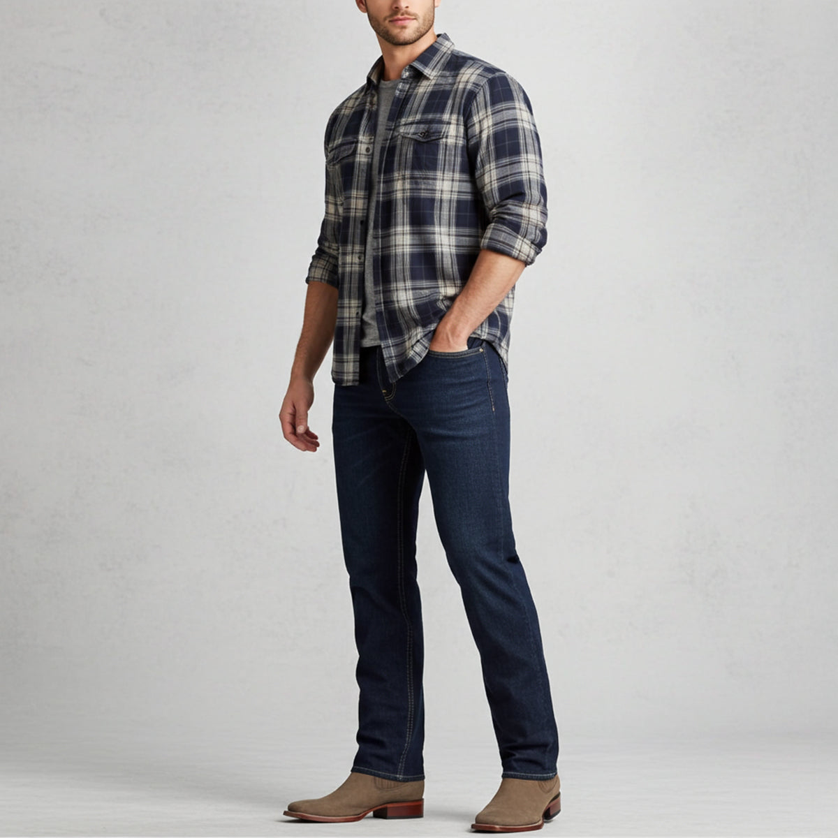 Man wearing light brown square toe cowboy boots