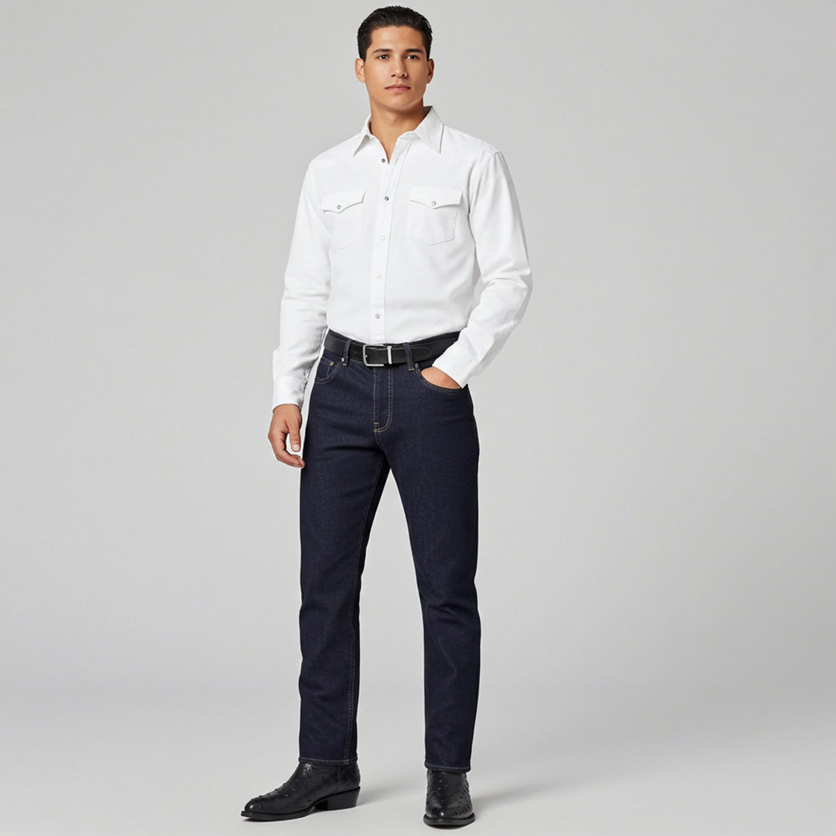 Man wearing ostrich print black cowboy boots