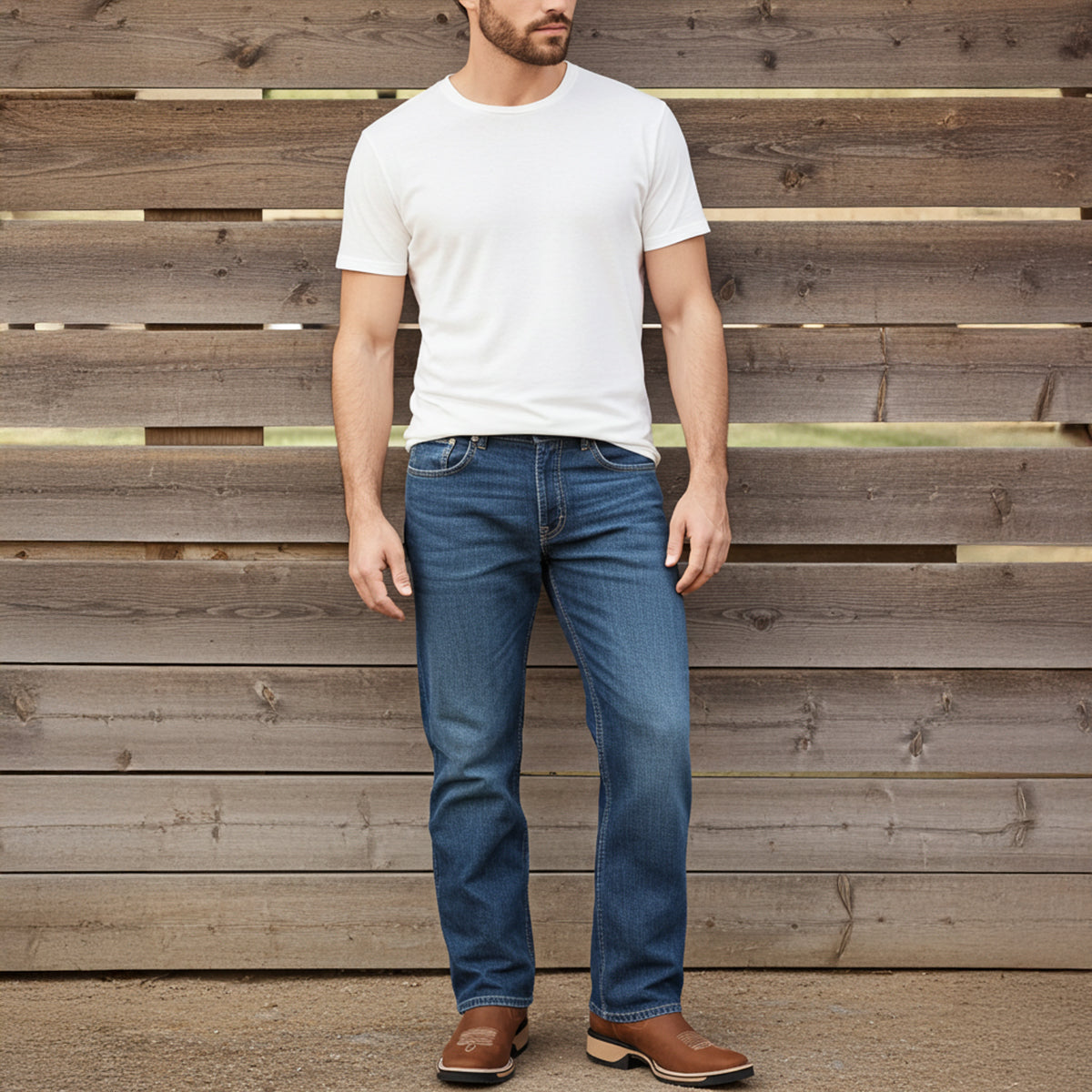 Man wearing tan square toe boots