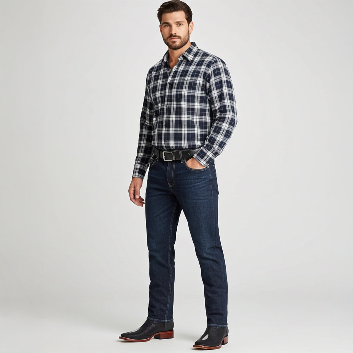 Man wearing Stingray boots with causal western outfit