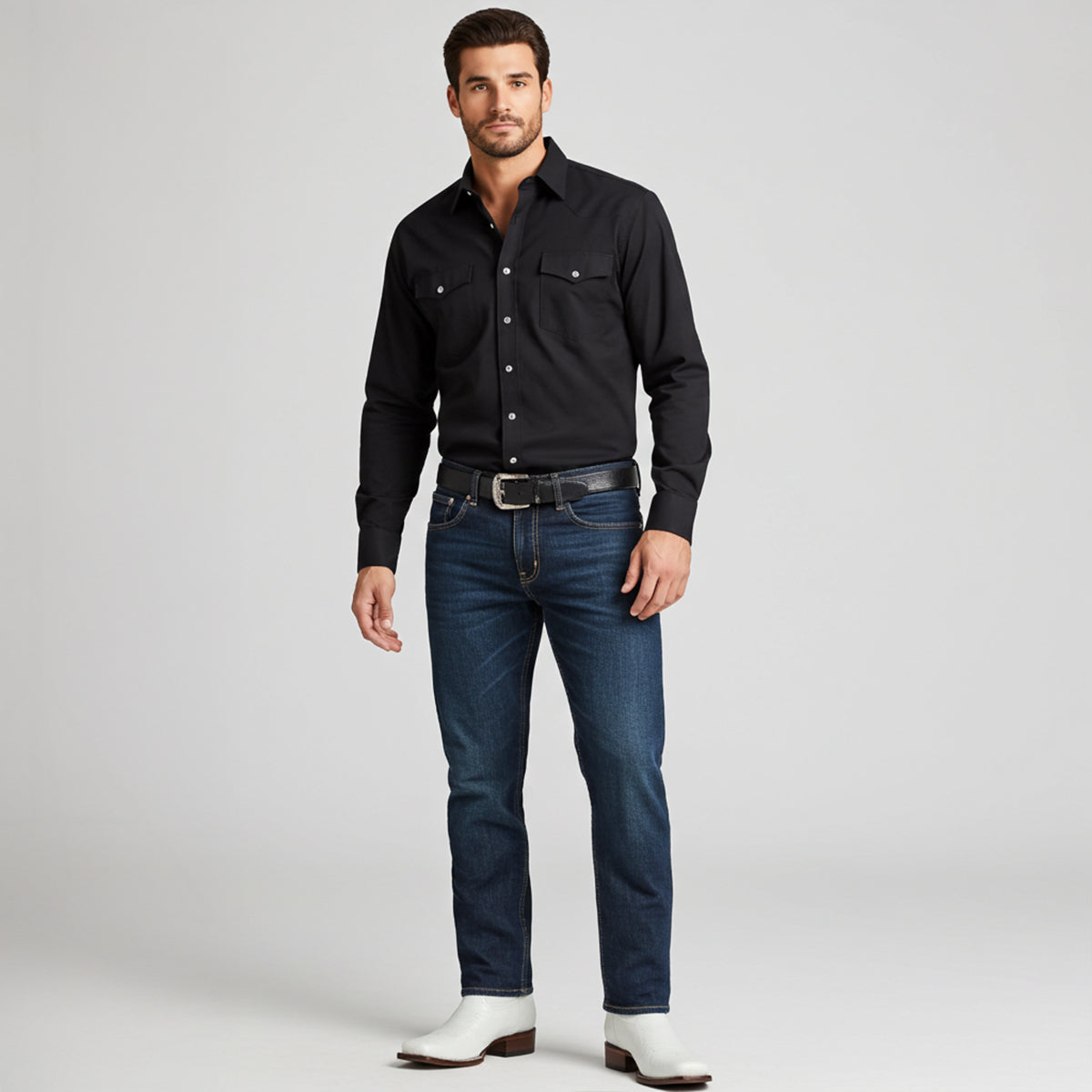 Man wearing white cowboy boots with western shirt and jeans