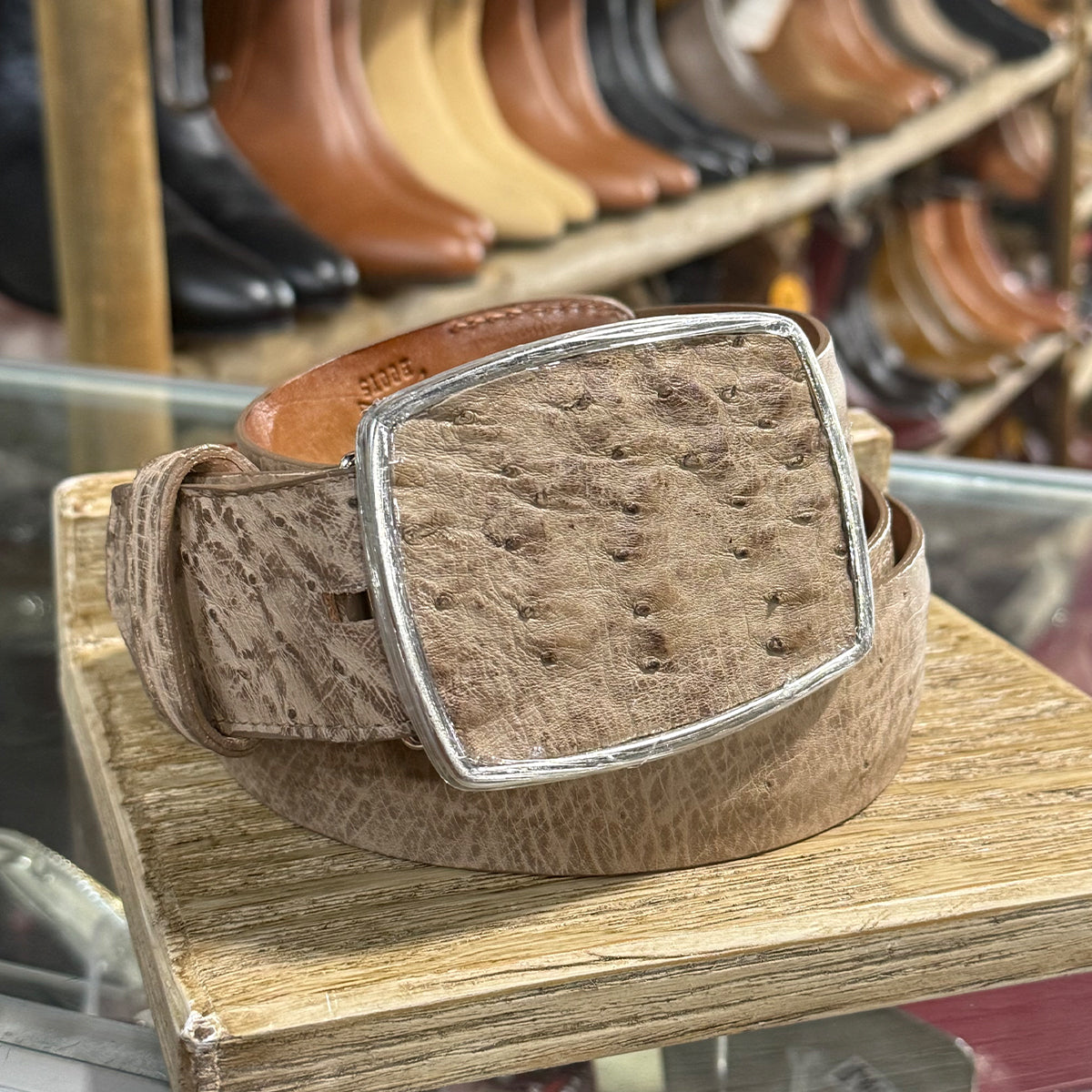 Los Altos men's light brown smooth ostrich leather belt with a silver-tone rectangular buckle, displayed on a wooden stand in a western store setting.