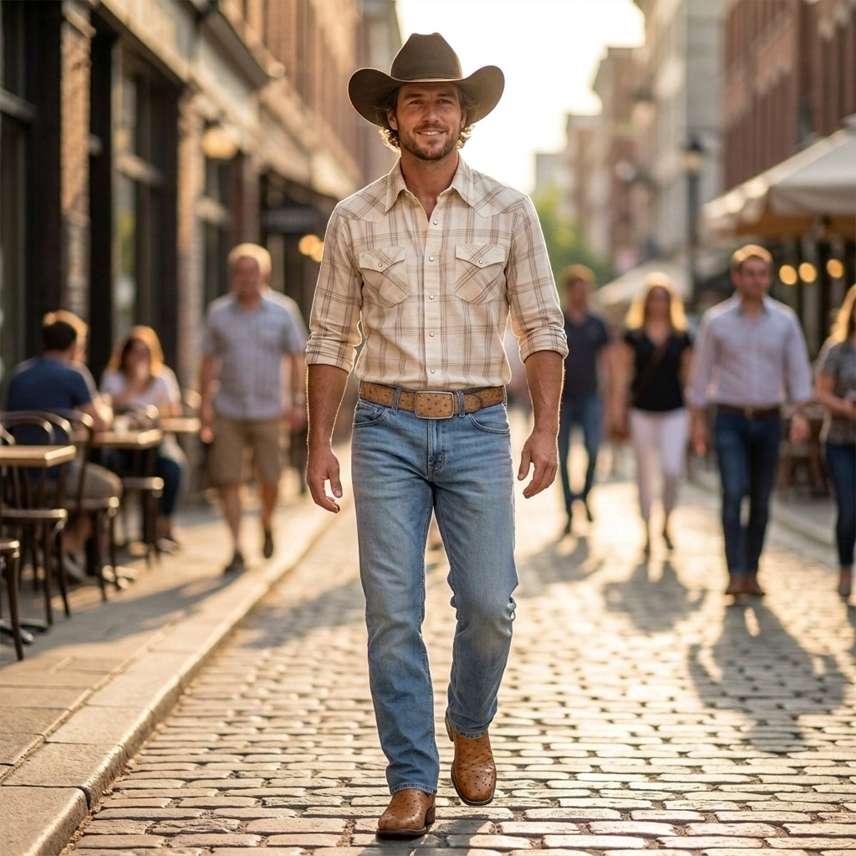 A smiling man wearing a cream plaid western snap shirt, light wash blue jeans, a tan ostrich leather belt, matching full quill ostrich cowboy boots, and a brown cowboy hat walking on a cobblestone street.