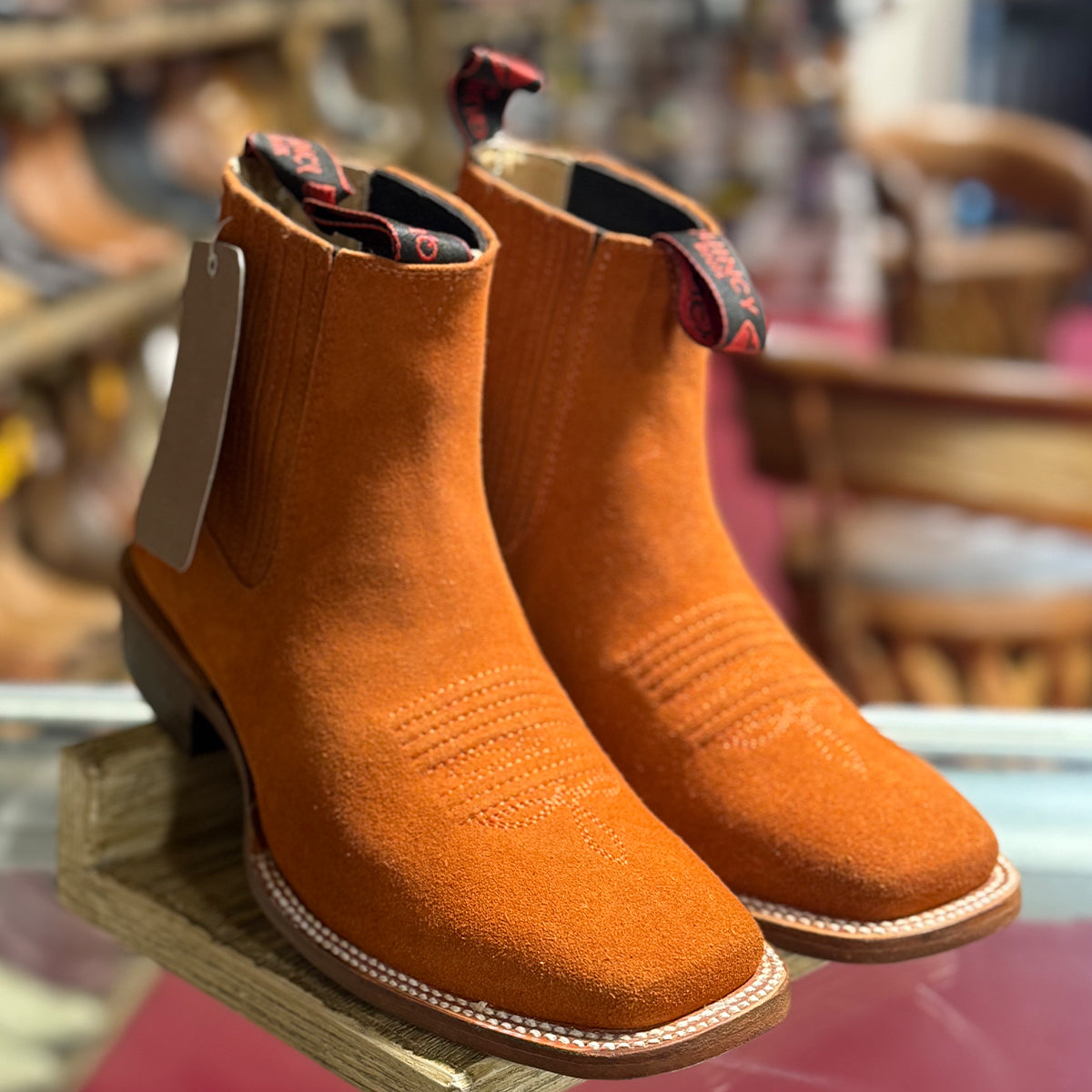 Orange square toe boots