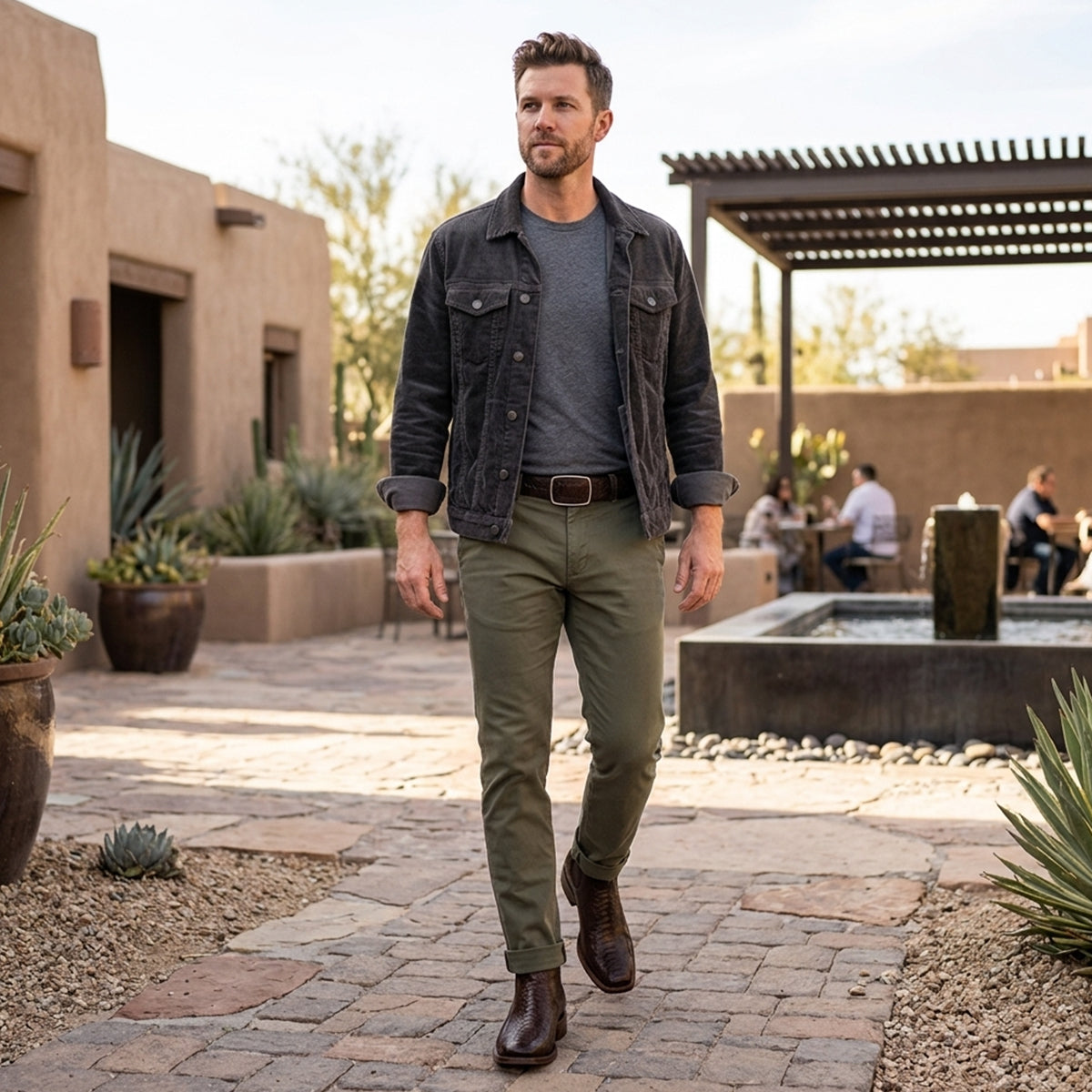 A man wearing a dark grey corduroy jacket over a grey crewneck t-shirt, olive green chinos, a dark leather belt, and dark brown ostrich leg leather boots walking outdoors on a stone patio.