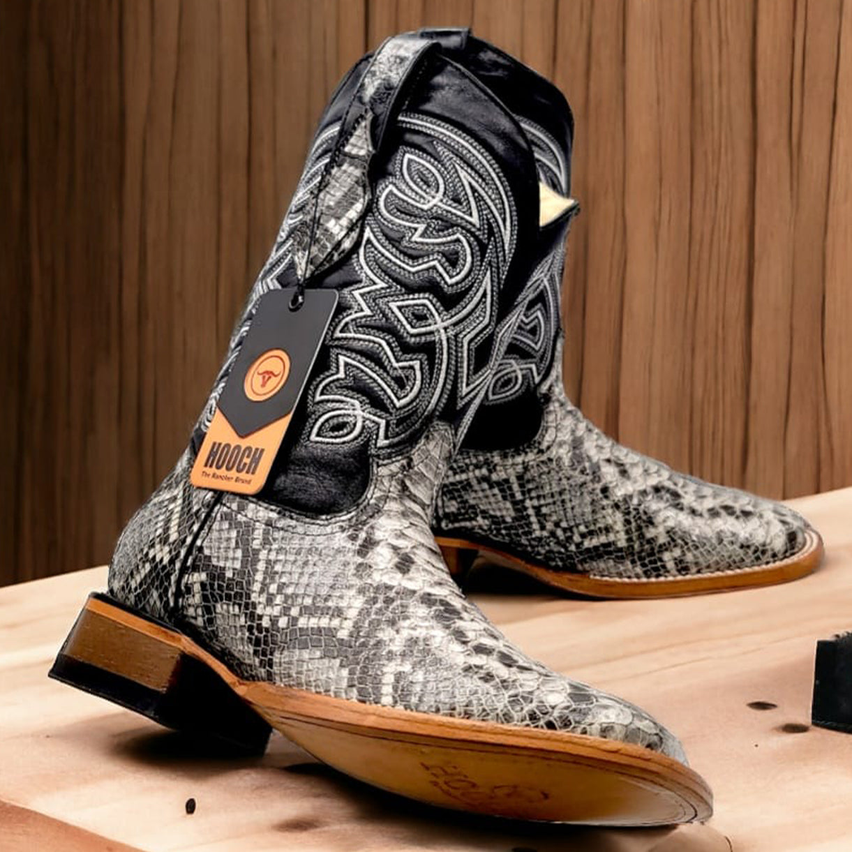 Hooch men's snake print square toe cowboy boots natural color.