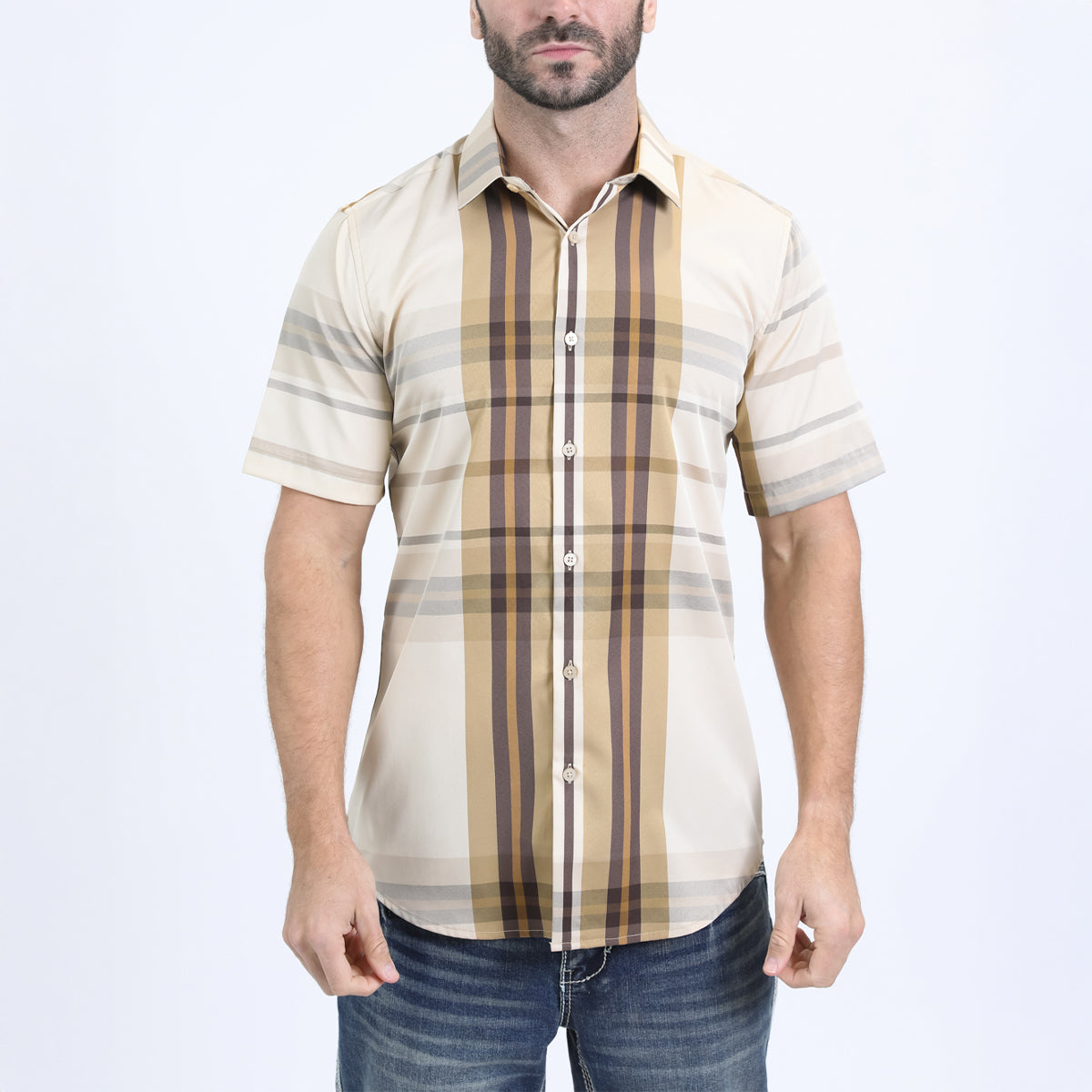 Mens Checkered Short Sleeve Beige Shirt | Platini