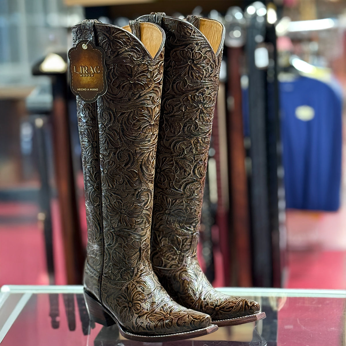 Women's Brown 17" Tall Tooled Cowgirl Boots Snip Toe