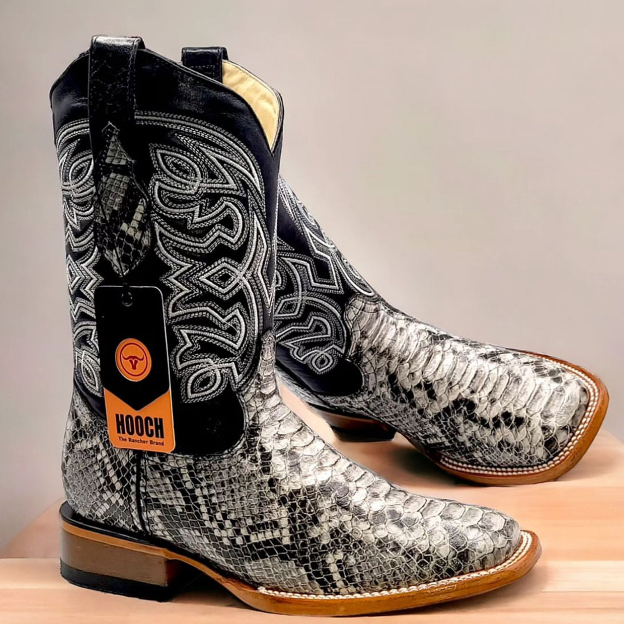 Hooch men's natural color python print cowboy boots square toe profile.