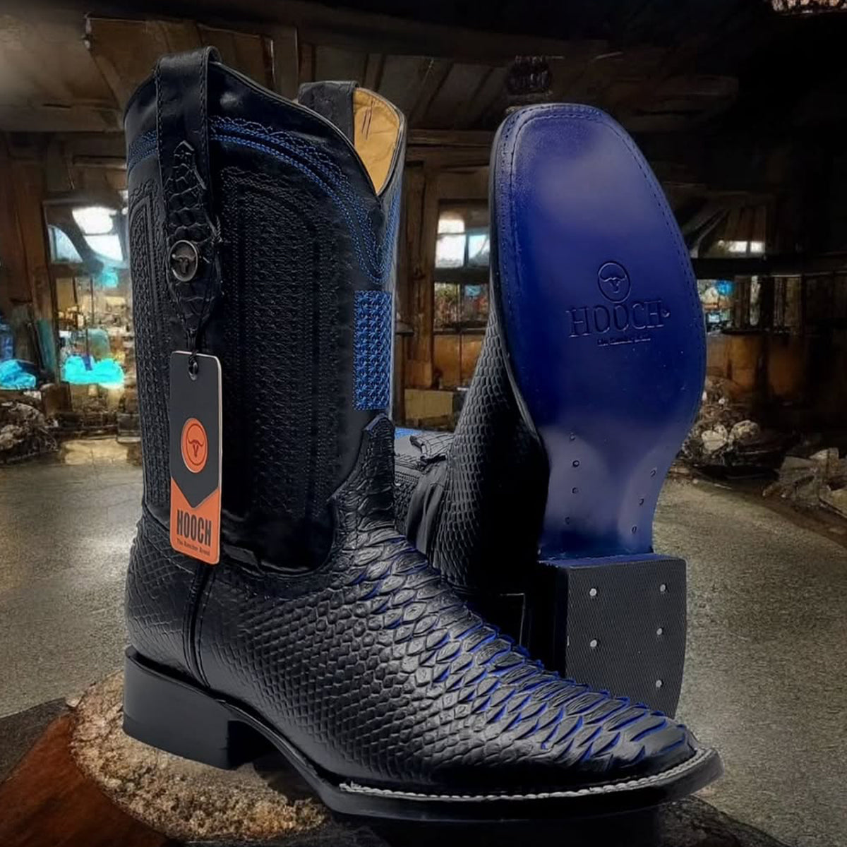 Litmus Black Snake Print Square Toe Boots