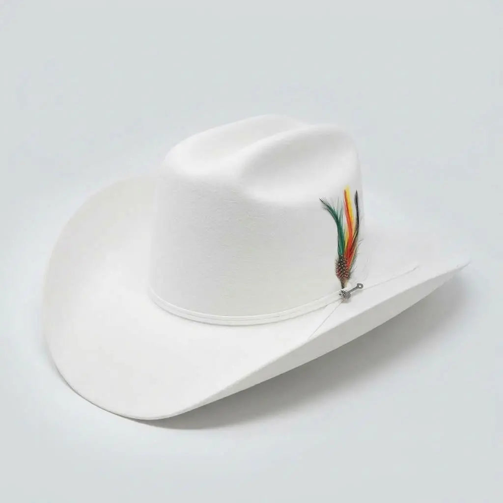 Three-quarter studio profile view of the Stetson Rancher 6X white fur felt cowboy hat highlighting the 5-inch Cattleman crown, white ribbon band, and colorful feather detail.