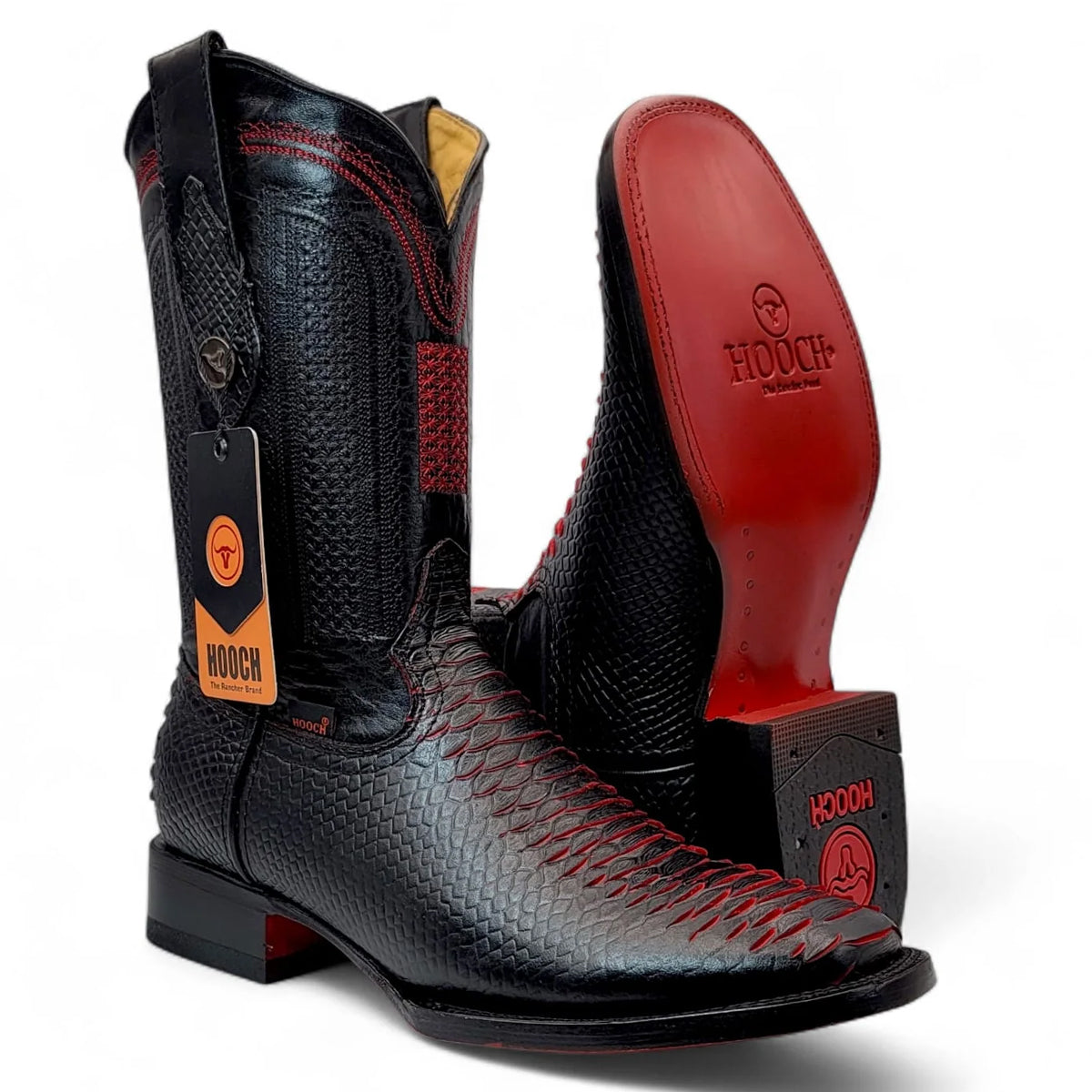 Black and red snakeskin print square toe cowboy boot with visible HOOCH branding and red leather sole on a white background.