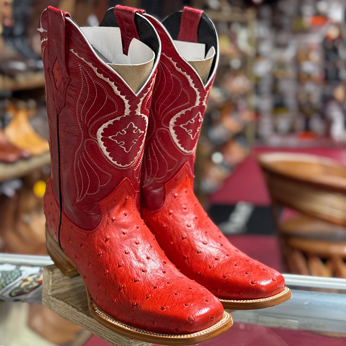 Red Square Toe Boots Ostrich Print