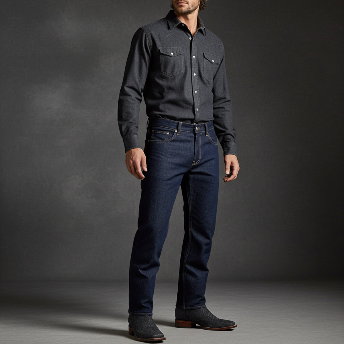 Man wearing black shark skin cowboy boots