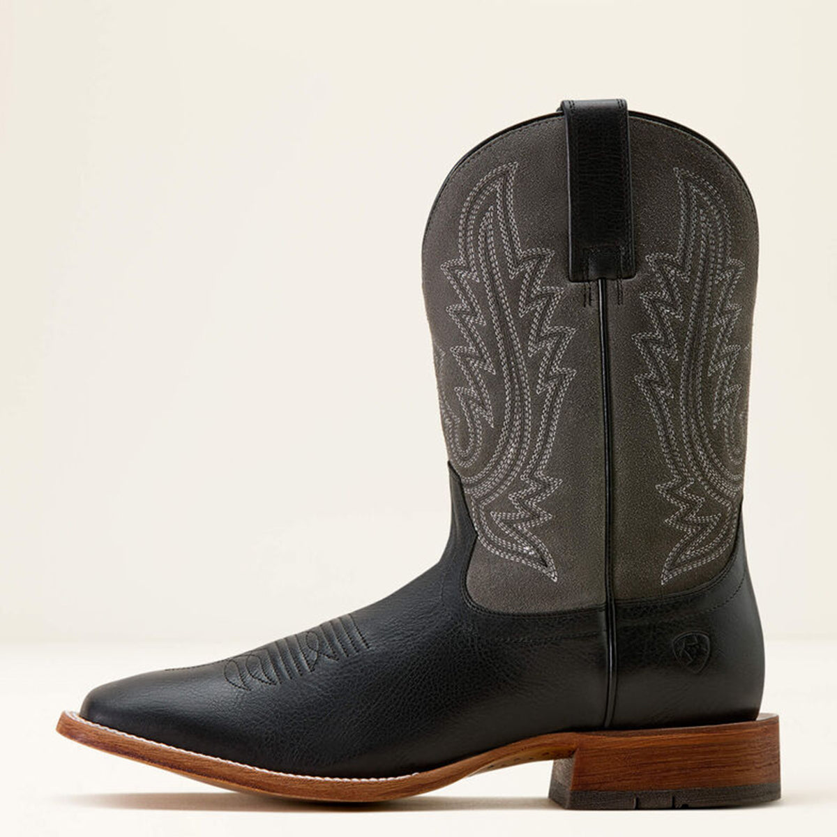 Side profile of Ariat Country Road men's black cowboy boot with detailed stitching on a white background.