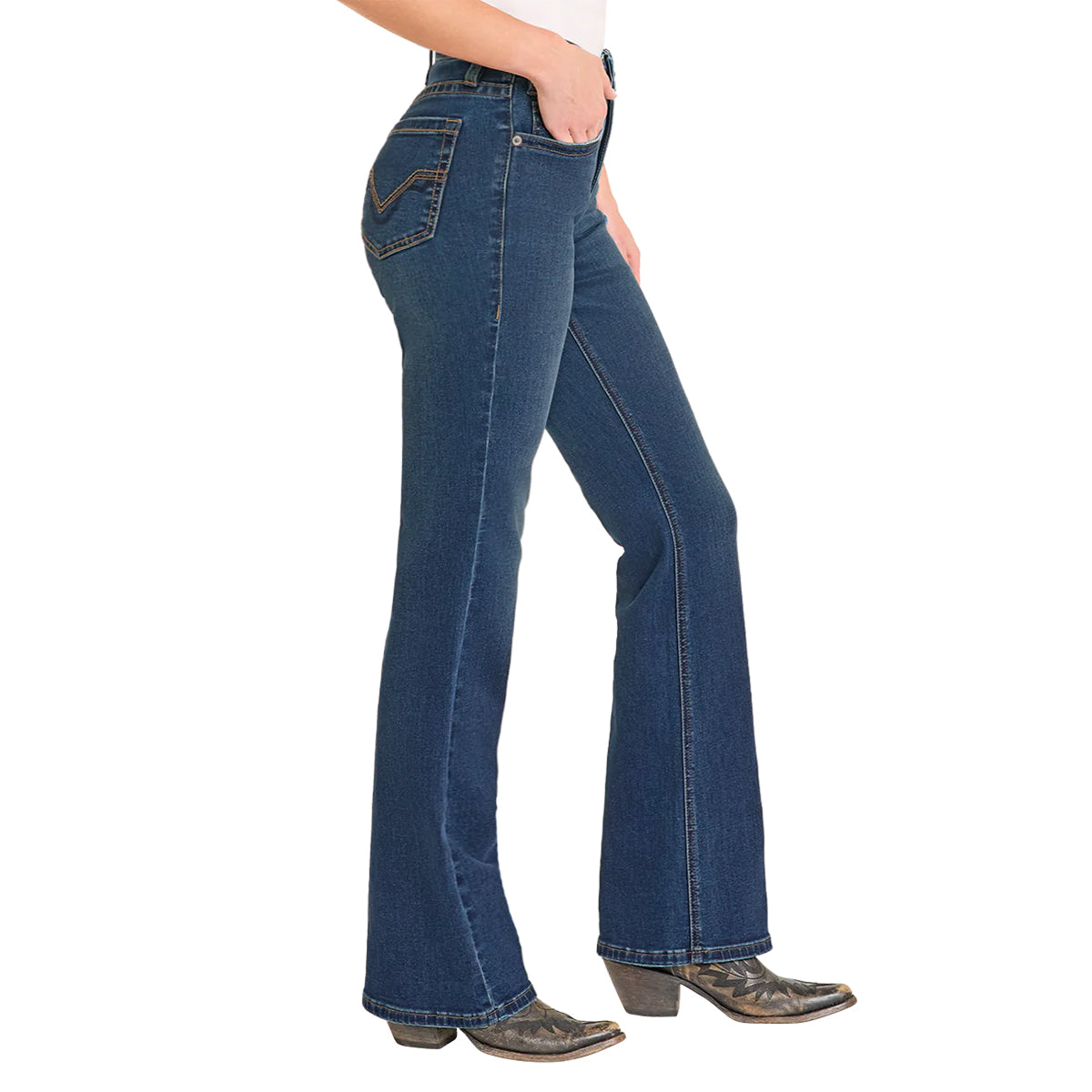 Side view of women's high waisted bootcut jeans