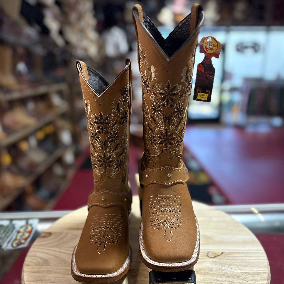 Front view of Flowered Embroidered Women's Square Toe Boots Brown