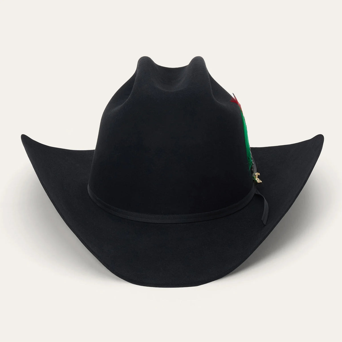 Straight-on front view of the Stetson Rancher 30X black felt western hat highlighting the tall cattleman crease and symmetrical curved brim.