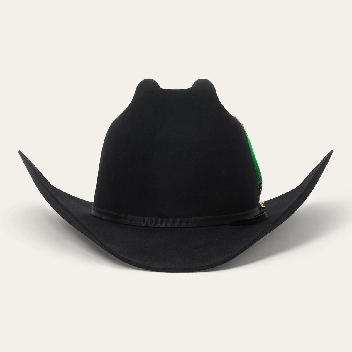 Straight-on front view of the Stetson Rancher 30X black felt cowboy hat highlighting the tall cattleman crease and symmetrical curved brim.