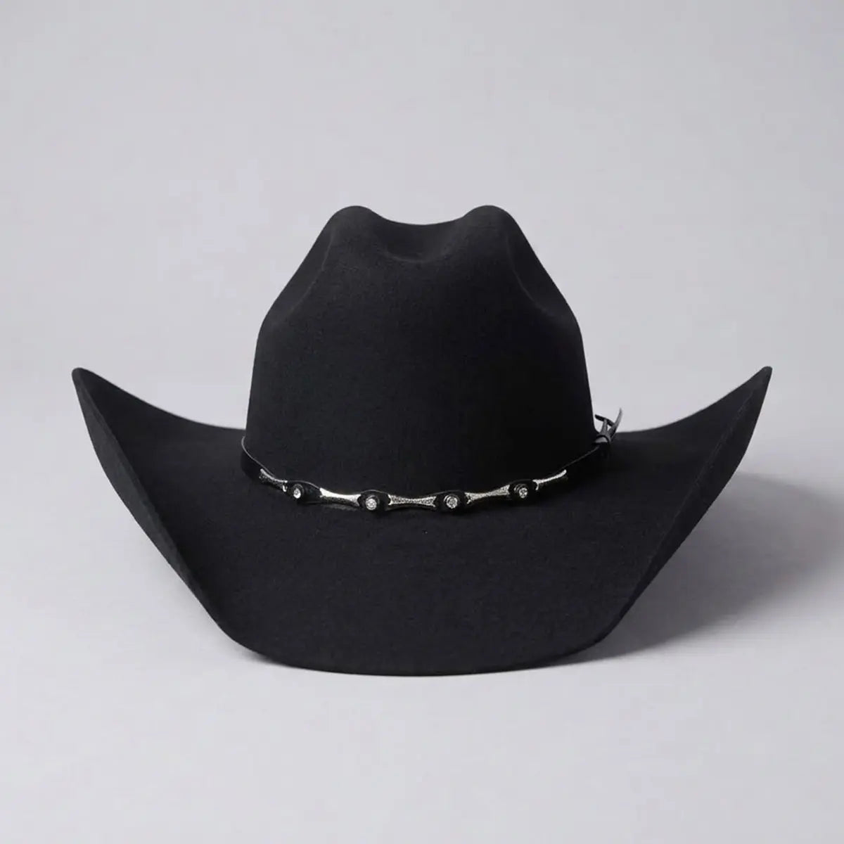 Direct front studio shot of the El General Men's Toro 50X black wool felt hat displaying the symmetrical cattleman crease and front hatband hardware.
