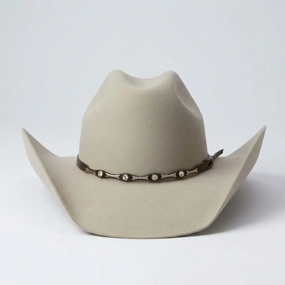 Direct front studio shot of the El General Men's Toro 50X sand wool felt hat showcasing the symmetrical cattleman crease and dark studded band.