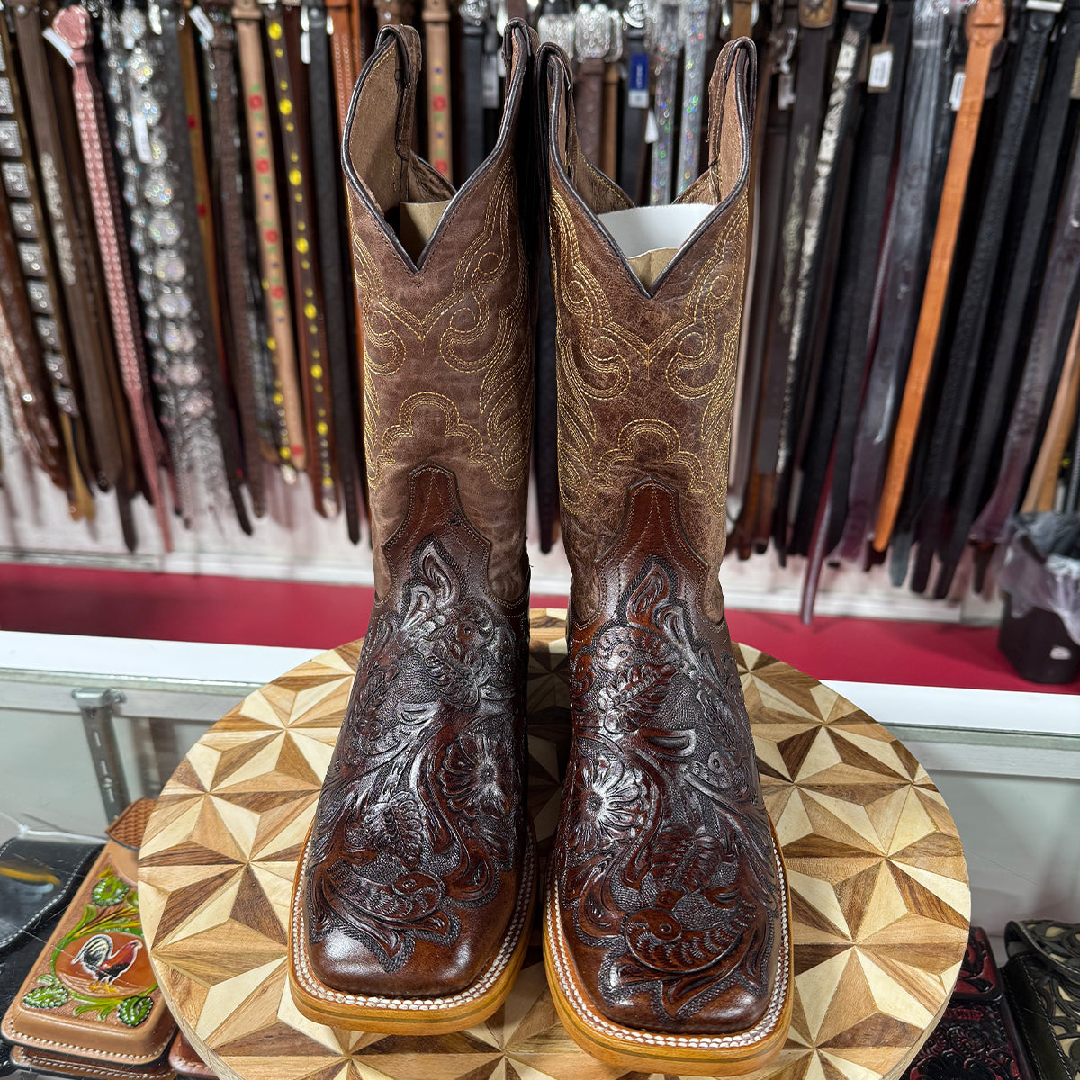 Brown hand tooled square toe cowboy boots