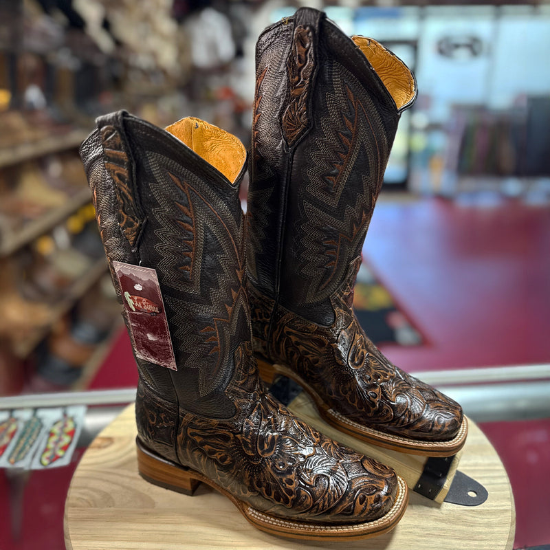 Brown Tooled Square Toe Cowgirl Boots