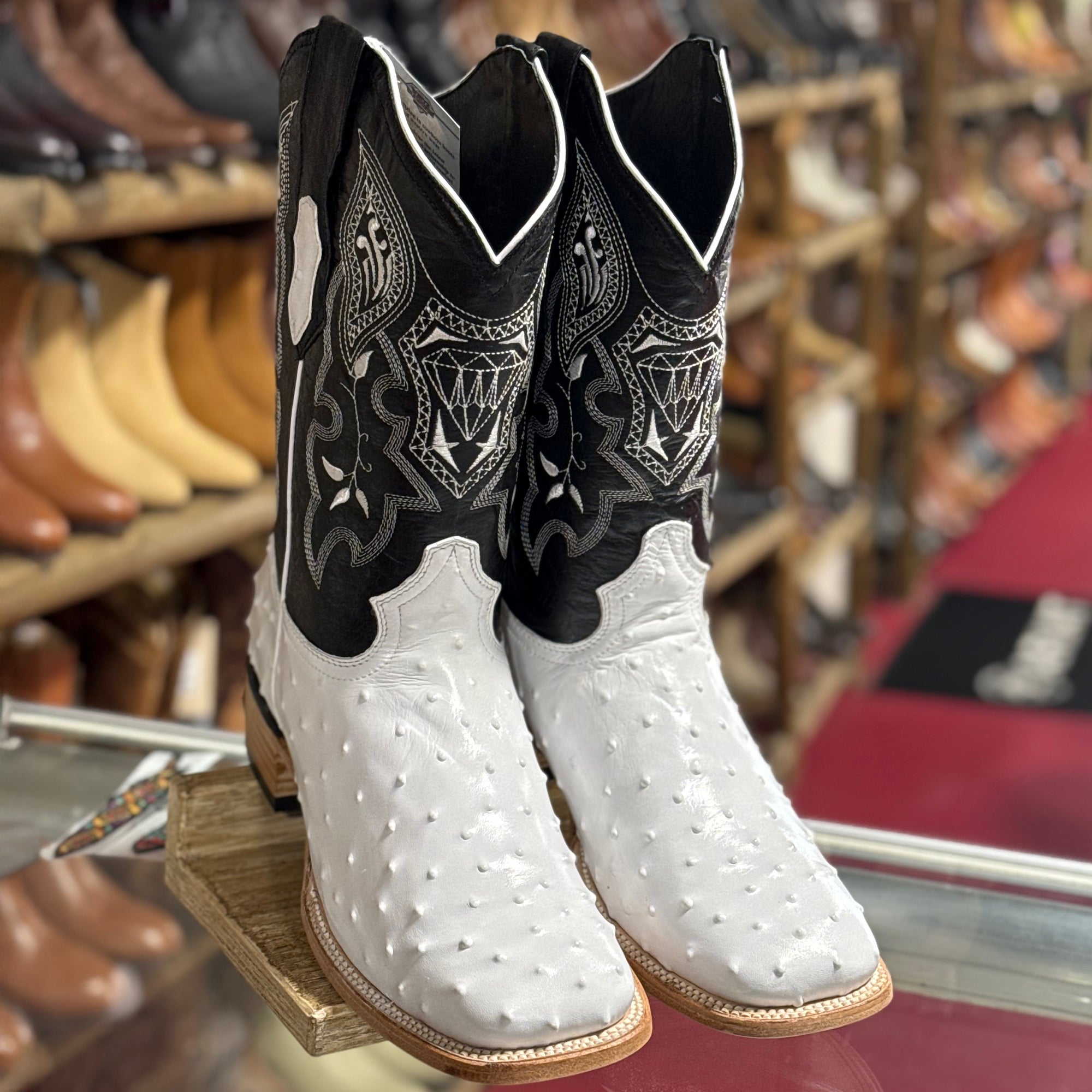 White Square Toe Cowboy Boot Ostrich Print