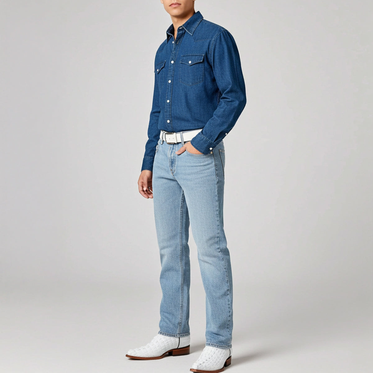 Man Wearing Crocodile Print White Cowboy Boots