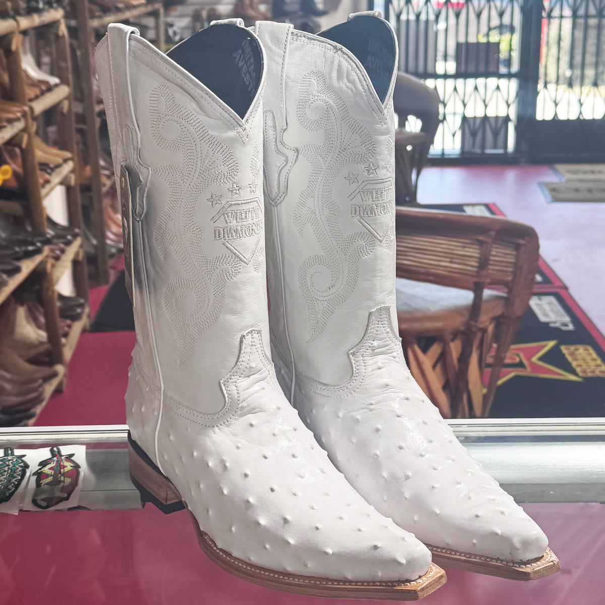 White cowboy boots ostrich print