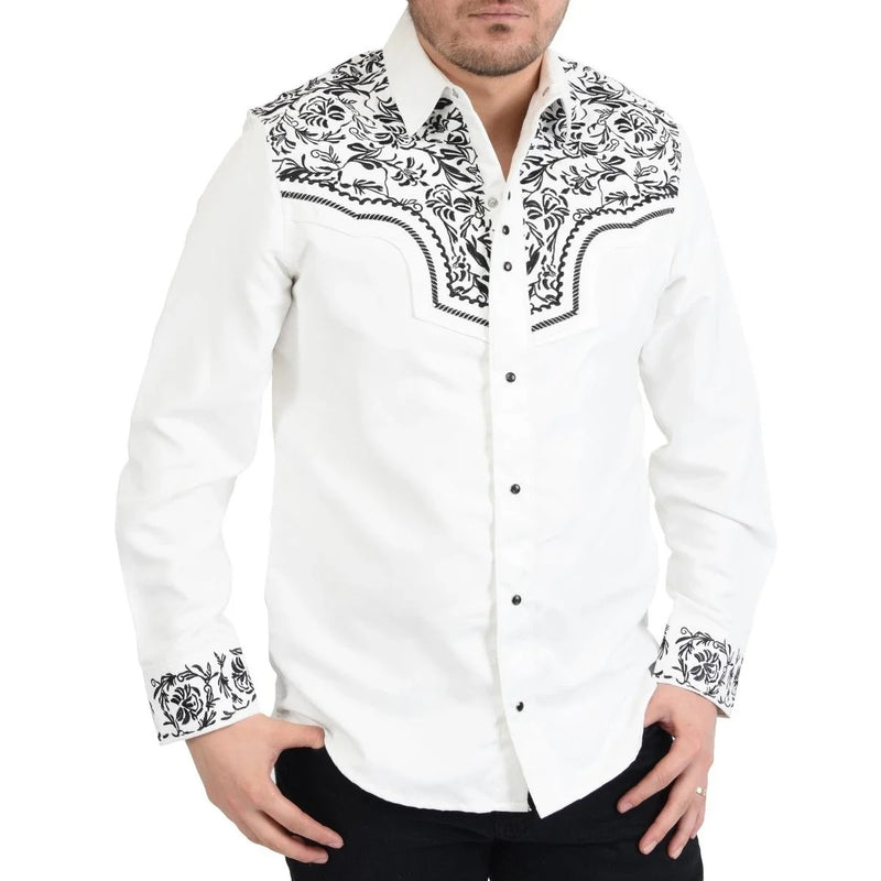 Mens Floral Embroidered White Western Shirt
